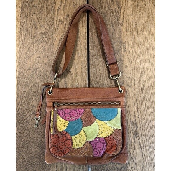 Fossil Key Multicolor Patchwork Leather Boho Crossbody Purse Zipper Pockets - Picture 1 of 13